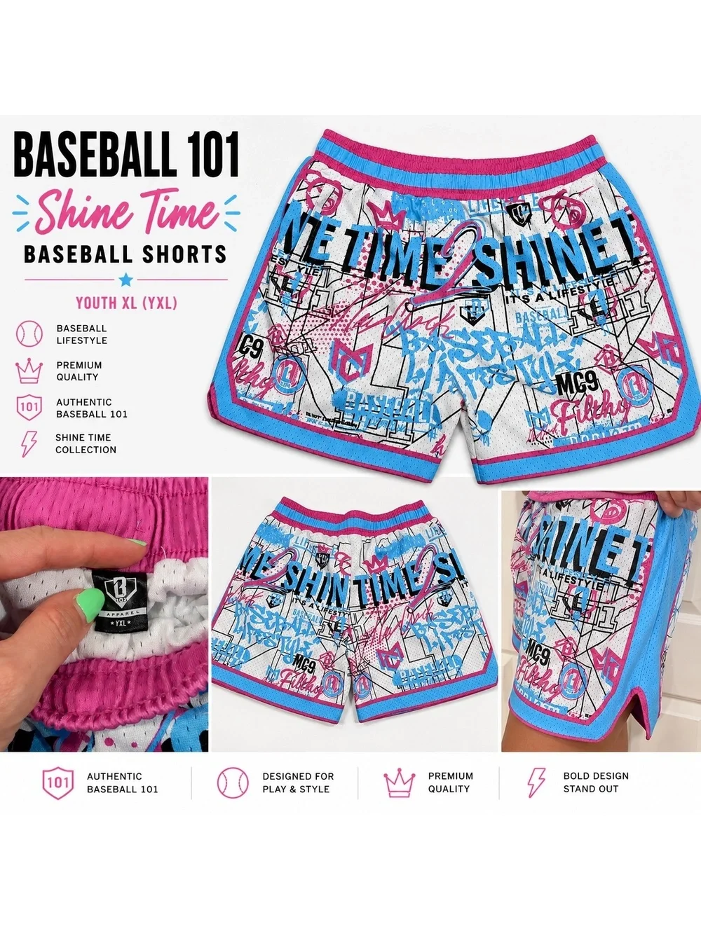 Baseball 101 Shine Time Baseball Shorts Pink Blue Youth XL YXL